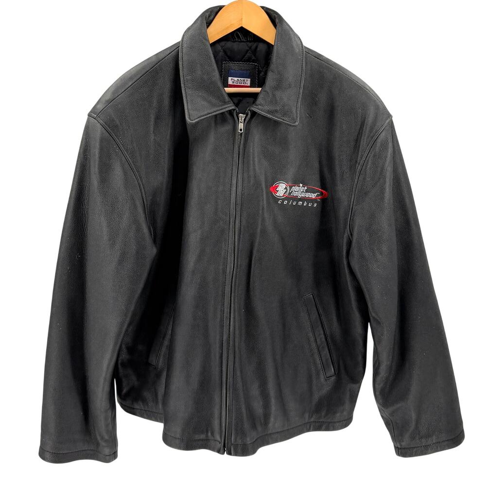 Vintage 90s Planet Hollywood Black Genuine Leather Columbus Bomber Jacket
